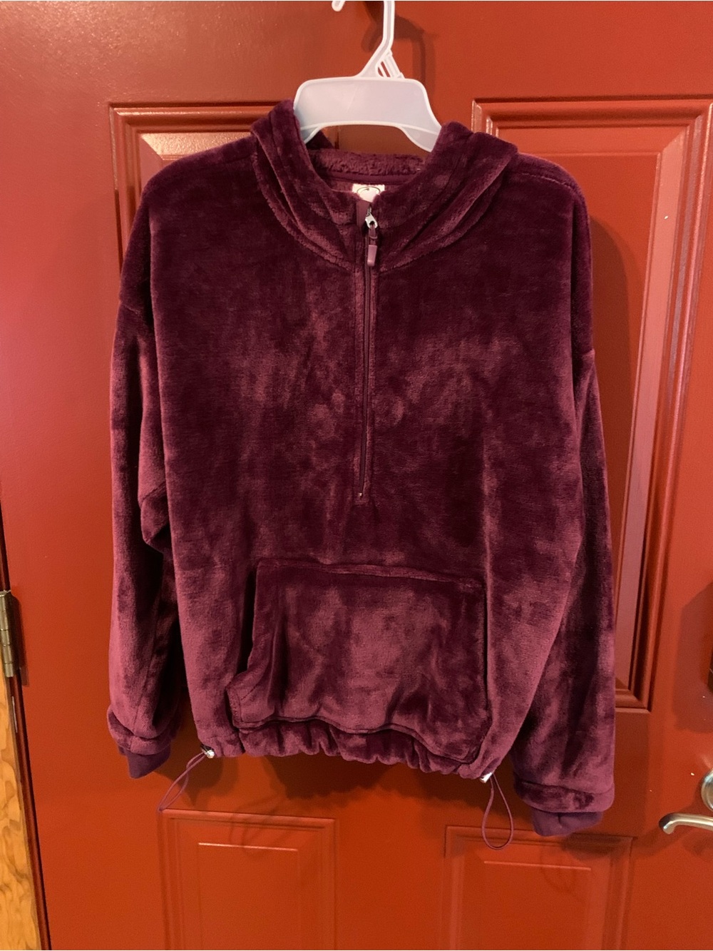 Burgundy Plush Faux-Fur 1/4 Zip Pullover Hoodie